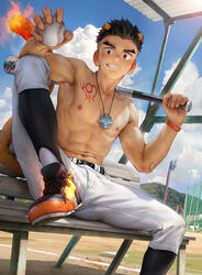  1boy abs aged_down alca_(wakatanka4) animal_ears ball bandaid bandaid_on_arm baseball_bat beitemian belt black_belt black_footwear black_hair chest_tattoo cloud day gyee highres holding holding_ball jewelry lion_boy lion_ears lion_tail looking_at_viewer male_focus navel necklace nipples outdoors pants short_hair sky smile solo tail tattoo teeth toned toned_male topless_male white_pants 