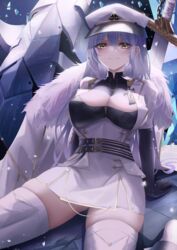  absurdres arkhangelsk_(azur_lane) arm_support azur_lane black_gloves breasts elbow_gloves female fur_trim gloves grey_hair hair_between_eyes hat highres long_hair looking_at_viewer medium_breasts military_hat sitting skindentation smile solo sword thighhighs thighs turbulence wariza weapon white_thighhighs 