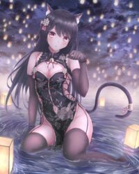  absent animal_ear_fluff animal_ears bell black_hair black_thighhighs blush breasts cat_ears cat_girl cat_tail china_dress chinese_clothes cleavage dress elbow_gloves feline female gloves hair_ornament highres lantern lingerie long_hair night night_sky original red_eyes sky solo tail thighhighs underwear 