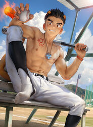  1boy abs aged_down alca_(wakatanka4) animal_ears ball bandaid bandaid_on_arm baseball_bat beitemian belt black_belt black_hair chest_tattoo cloud day gyee highres holding holding_ball jewelry lion_boy lion_ears lion_tail looking_at_viewer male_focus navel necklace nipples outdoors pants short_hair sky smile solo tail tattoo teeth toned toned_male topless_male white_pants 