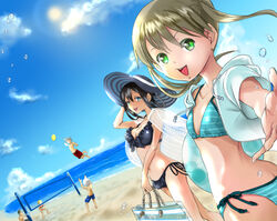  3boys 3girls black_hair black_star blonde_hair breasts brown_hair death_the_kid green_eyes hat long_hair looking_at_viewer maka_albarn multiple_boys multiple_girls nakatsukasa_tsubaki open_mouth ouen_sakura outdoors ponytail short_hair smile soul_eater soul_evans swimsuit twintails 