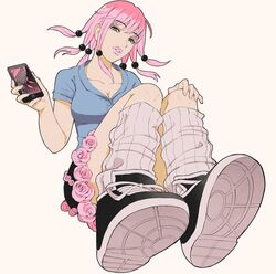  black_skirt blue_eyes breasts cellphone cleavage collarbone commentary_request female flower flower_skirt full_body giganticbuddha head_tilt highres hirose_yasuho jojo_no_kimyou_na_bouken jojolion kneehighs medium_breasts paisley_park_(stand) parted_lips phone pink_flower pink_hair pink_lips pink_nails pink_rose rose shoe_soles shoes skirt smartphone sneakers socks solo 