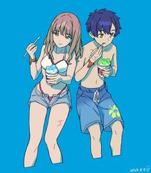  1boy artist_logo asanaka_yomogi bikini bikini_under_clothes blue_background blue_hair blue_shorts collarbone couple cropped_legs dated eating female food from_above gradient_hair green_hair gridman_universe gridman_universe_(film) hair_ornament hairclip holding holding_food holding_ice_cream holding_spoon ice_cream leaf_print leaning_on_person leaning_to_the_side making-of_available male_swimwear minami_yume multicolored_hair official_alternate_costume orange_eyes pink_hair pisto1star scar shaved_ice short_hair shorts simple_background sitting spoon ssss.dynazenon straight swim_trunks swimsuit utensil_in_mouth 