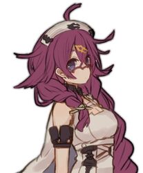  antenna_hair braid closed_mouth dorothy_(sinoalice) female glasses hair_between_eyes hair_ornament hairpin hat long_hair looking_at_viewer merry-san nurse_cap purple_eyes purple_hair simple_background sinoalice sleeveless solo twin_braids white_background 