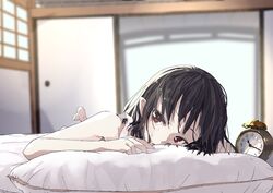  alarm_clock barefoot black_hair blurry blurry_background clock commentary_request female foot_up futatsuki_eru futon head_on_pillow looking_at_viewer lying morning on_stomach pillow pointy_ears red_eyes shameimaru_aya short_hair solo sweatdrop touhou window 