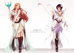  2girls absurdres alternate_costume alternate_universe arrancar black_footwear black_hair bleach bone boots breasts bridal_gauntlets brown_eyes cape dress english_commentary flower hair_between_eyes hair_flower hair_ornament highres holding holding_polearm holding_sword holding_weapon hole_on_body inoue_orihime katana knee_boots ksmile1313 kuchiki_rukia large_breasts leg_tattoo long_hair long_skirt long_sleeves looking_at_viewer multiple_girls number_tattoo off-shoulder_dress off_shoulder open_mouth orange_hair parted_bangs polearm purple_eyes shrug_(clothing) skirt small_breasts smile spear sword tattoo twitter_username waist_cape weapon white_cape white_dress white_skirt wide_sleeves 