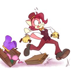  1:1 anthro atrox-c bellhop bow_tie clothing digital_media_(artwork) female fur gloves handwear pink_body pink_fur running sarah_n._dippity simple_background solo suitcase tongue tongue_out toony underwear white_background 