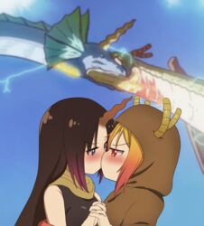  2girls bare_shoulders biting black_hair blonde_hair blue_eyes blush commentary dragon dragon_girl dragon_horns electricity elma_(dragon)_(maidragon) elma_(maidragon) from_side gradient_hair highres holding_hands hood horns interlocked_fingers kissing kobayashi-san_chi_no_maidragon multicolored_hair multiple_girls nebulius orange_eyes pink_hair profile single_horn slit_pupils tohru_(dragon)_(maidragon) tohru_(maidragon) upper_body yuri 