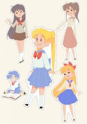  5girls aino_minako bishoujo_senshi_sailor_moon black_hair blonde_hair blue_hair blue_skirt bow bowtie brown_hair closed_mouth double_bun grey_skirt hair_bun hair_ornament hino_rei jewelry juuban_middle_school_uniform kino_makoto kino_makoto&#039;s_school_uniform long_hair long_sleeves mizuno_ami multiple_girls notebook pleated_skirt ponytail protected_link red_bow red_bowtie sailor_collar school_uniform serafuku shiba_koen_middle_school_uniform shirt short_hair single_hair_bun skirt smile ta_girls_school_uniform tsubobot tsukino_usagi white_shirt 