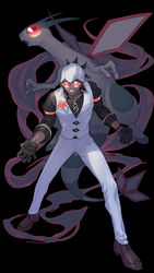  1boy black_background black_gloves black_hair black_shirt brown_footwear commentary_request dark-skinned_male dark_skin fdyj0mh1h0iptp2 flower flygon full_body gloves grin headband highres korean_commentary legs_apart male_focus official_alternate_costume pants pokemon pokemon_(creature) pokemon_masters_ex raihan_(anniversary_2022)_(pokemon) raihan_(pokemon) shirt shoes short_hair sleeves_rolled_up smile standing sunglasses teeth vest white_headband white_pants white_vest 