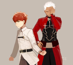  2boys archer belt belt_buckle buckle chaldea_uniform dark_skin dated emiya_shirou facepalm fate/grand_order fate/stay_night fate_(series) from_side grey_background hand_on_hip hand_on_own_face kani_seijin male_focus multiple_boys red_hair signature simple_background upper_body what_if white_hair yellow_eyes 