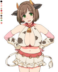  alternate_breast_size animal_ears animal_print bare_shoulders bell breast_expansion breasts brown_hair cleavage collar collarbone color_guide cosplay cow_ears cow_girl cow_horns cow_print cow_tail cowbell fake_animal_ears fake_horns female gloves green_eyes horns idolmaster idolmaster_cinderella_girls large_breasts limited_palette maekawa_miku navel neck_bell oikawa_shizuku oikawa_shizuku_(cosplay) pink_gloves short_hair solo sweatdrop tail toriga_naku 