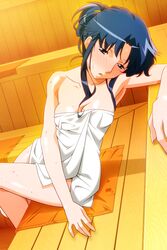  blue_eyes blue_hair breasts female fujiwara_aya head_tilt indoors long_hair naked_towel non-web_source official_art photoshop_(medium) sauna shiny_skin sitting solo super_real_mahjong tanaka_ryou towel wet 