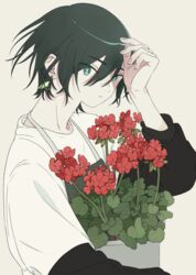  1boy absurdres aqua_eyes arm_up bad_id bad_pixiv_id black_hair blue_menouu bright_pupils commentary earrings flower flower_pot geranium grey_background hair_between_eyes highres holding holding_flower_pot jewelry leaf male_focus original plant potted_plant red_flower shadow short_hair simple_background solo upper_body 