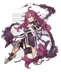  :o antenna_hair border braid breasts cleavage dorothy_(sinoalice) dress elbow_gloves female glasses gloves grey_background gun hair_between_eyes hair_ornament hairpin holding holding_gun holding_weapon looking_at_viewer merry-san open_mouth purple_eyes purple_hair short_dress short_sleeves sinoalice solo teeth twin_braids weapon white_background white_dress white_gloves 