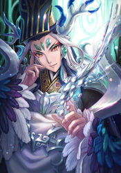  1other black_hair chinese_clothes closed_mouth commentary_request eyeshadow fate/grand_order fate_(series) feather-trimmed_sleeves feathers fingernails forehead forehead_jewel gem green_eyeshadow green_pupils guan_hat hair_ornament hand_on_own_face hat highres horn_ornament horns jewelry liquid long_hair long_sleeves looking_at_viewer makeup mercury_(element) mian_guan multicolored_hair red_eyes red_eyeshadow shi_huang_di_(fate) shi_huang_di_(third_ascension)_(fate) smile suikatabetaifrom two-tone_hair very_long_hair white_hair 