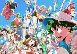  3girls 6+boys alternate_costume anger_vein asui_tsuyu attack bakugou_katsuki baseball_cap blonde_hair boku_no_hero_academia boots brown_eyes brown_hair burn_scar closed_eyes commentary_request day dress eyelashes eyewear_hang floating_hair freckles frills glasses green_hair green_pants hairband hat holding hungry_seishin iida_tenya jirou_kyouka kaminari_denki kirishima_eijirou long_hair looking_up md5_mismatch midoriya_izuku mineta_minoru multicolored_hair multicolored_shirt multiple_boys multiple_girls open_mouth orange_footwear outdoors outline own_hands_together pants pink_footwear red_hair scar scar_on_face sharp_teeth shirt shoes short_hair short_sleeves sky sunglasses sweat t-shirt teeth todoroki_shouto togata_mirio tongue tongue_out two-tone_hair unworn_eyewear uraraka_ochako white_hair zipper_pull_tab 