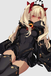  7dango7 black_cape black_dress black_skirt black_thighhighs black_tiara blonde_hair breasts cape commentary dress ereshkigal_(fate) ereshkigal_alter_(fate) fate/grand_order fate_(series) female fur-trimmed_cape fur_trim highres large_breasts legs long_hair parted_bangs pleated_skirt red_eyes skirt solo thighhighs thighs tiara two_side_up white_background 