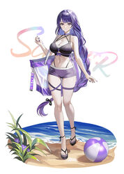  absurdres alternate_costume bag ball bare_arms bare_shoulders beach beachball black_shirt braid breasts choker chungla cleavage closed_mouth clothing_cutout criss-cross_halter crop_top female full_body genshin_impact halterneck hand_up highleg highres large_breasts long_hair looking_at_viewer midriff mole mole_under_eye multiple_straps nail_polish navel o-ring o-ring_top purple_choker purple_eyes purple_hair purple_nails purple_shorts raiden_shogun sandals shirt short_shorts shorts shoulder_bag single_braid skindentation sleeveless sleeveless_shirt smile solo stomach thigh_strap thighs underboob_cutout very_long_hair white_background 