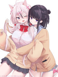  2girls :3 absurdres ahoge animal_ears black_hair black_skirt blush bow bowtie breasts cardigan cat_ears cat_girl cat_tail cellphone collared_shirt cowboy_shot cross_hair_ornament grey_skirt hair_between_eyes hair_bun hair_ornament hairclip hand_in_another&#039;s_hair higashikata_kou highres holding_another&#039;s_hair hug hug_from_behind large_breasts long_hair long_sleeves looking_at_viewer low_twintails multicolored_hair multiple_girls off_shoulder one_eye_closed open_mouth original phone pink_bow pink_hair pink_shirt pleated_skirt purple_eyes red_bow sailor_collar school_uniform shirt simple_background skirt sleeves_past_wrists smartphone smile streaked_hair sweatdrop tail tail_bow tail_ornament thighs twintails white_background x_hair_ornament yuri 