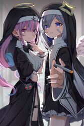  2girls amane_kanata angel_wings bandaid bandaid_on_face black_bow black_bowtie black_dress black_nails blue_eyes blue_hair bow bowtie cigarette closed_mouth colored_inner_hair commentary_request dress drill_hair eyes_visible_through_hair from_side grey_hair habit hair_between_eyes halo highres holding holding_cigarette hololive kamippoina_(vocaloid) long_hair long_sleeves looking_at_viewer looking_to_the_side minato_aqua multicolored_hair multiple_girls nail_polish neko_(minato_aqua) nun official_alternate_costume parted_lips pink_eyes purple_hair smile star_halo summer_tail720 twin_drills twintails v veil virtual_youtuber wings wrist_cuffs 