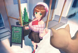  alternate_costume bag bare_shoulders beret blurry bow breasts brown_hair brown_skirt bush cafe chalkboard collarbone covered_collarbone depth_of_field doorway feline female from_above full_body green_eyes hairbow halterneck handbag hat highres holding holding_strap idolmaster idolmaster_cinderella_girls kurageso large_breasts looking_at_viewer maekawa_miku mary_janes oerba_yun_fang open_mouth perspective pink_shirt pink_socks plaid plaid_shirt planter shadow shirt shoes short_hair sidewalk skirt sleeves_rolled_up smile socks tareme translated walking waving 