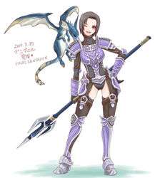  2012 ;d adventurer_(ff11) arm_at_side arm_guards armor ass_visible_through_thighs black_gloves black_hair black_leotard breastplate brown_thighhighs copyright_name dated dragon dragoon_(final_fantasy) dragoon_wyvern_(ff11) female final_fantasy final_fantasy_xi full_body gloves greaves hand_on_own_hip holding holding_polearm holding_weapon hume legs_apart leotard one_eye_closed open_mouth pink_eyes polearm purple_armor sakutsuki short_hair shoulder_armor simple_background smile solo spear standing thighhighs thighs turtleneck weapon white_background 