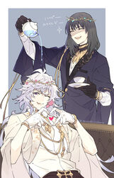  2boys ;p artist_name black_hair braid chair closed_eyes cup false_smile fate/grand_order fate_(series) flower gloves hair_between_eyes heart heart_hands highres holding holding_cup jacket long_hair long_sleeves looking_at_viewer male_focus merlin_(fate) merlin_(overnight_dream)_(fate) multiple_boys oberon_(fate) oberon_(overnight_dream)_(fate) official_alternate_costume one_eye_closed petals senzaki_makoto shirt sitting sitting_on_object smile sparkle spoilers teacup teeth tongue tongue_out twitter_username upper_body upper_teeth_only white_hair white_shirt wreath 