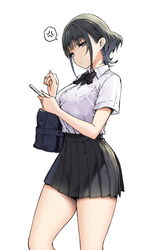  bad_id bad_twitter_id bag black_bow black_bowtie black_hair black_skirt blush bow bowtie breasts cellphone closed_mouth collared_shirt commentary female highres holding holding_phone inactive_account joshi_kousei_rich_thots large_breasts looking_at_viewer mio_(sky-freedom) original phone pleated_skirt shirt shirt_tucked_in short_hair short_sleeves shoulder_bag simple_background skirt sky-freedom smartphone solo thighs white_background white_shirt 