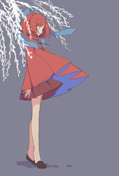  black_footwear blue_bow blue_bowtie bow bowtie branch busujima_(kusahana) cape commentary_request female from_side full_body grey_background hairbow highres long_sleeves miniskirt pleated_skirt red_cape red_eyes red_hair red_skirt sekibanki shoes short_hair simple_background skirt solo touhou willow window 