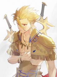  1boy abs absurdres armor bare_pectorals blonde_hair chinese_commentary collarbone earrings enki_(fate/prototype) fate/prototype fate_(series) fringe_trim gilgamesh_(fate/prototype) gold_armor hand_on_own_chest highres jewelry k7_(kk7_000) looking_at_viewer male_focus necklace open_clothes open_mouth pectorals red_eyes simple_background smile solo spiked_hair teeth upper_body 