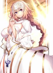  blonde_hair blue_eyes braid braided_ponytail breasts dress fate/grand_order fate_(series) female headpiece highres jeanne_d&#039;arc_(fate) jeanne_d&#039;arc_(lostroom_outfit)_(fate) large_breasts long_hair looking_to_the_side ninoude_(ninoude44) own_hands_together parted_lips solo white_dress 