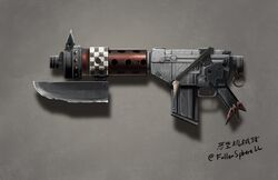  assault_rifle bad_gun_anatomy bayonet commentary cursed_m4a1_(meme) english_commentary fallenspherell girls&#039;_frontline grey_background gun highres m4a1_(girls&#039;_frontline) magazine_(weapon) meme no_humans orc ork_(warhammer) ork_shoota rifle shadow signature simple_background twitter_username warhammer_40k weapon weapon_focus 