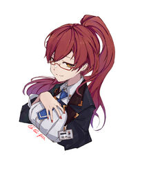  black_jacket closed_mouth female hair_between_eyes hand_on_own_chest honkai_(series) honkai_impact_3rd id_card jacket long_hair long_sleeves looking_at_viewer murata_himeko necktie ponytail q-pra red_hair red_nails simple_background smile solo teacher white_background yellow_eyes 