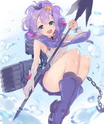  anchor azur_lane boots breasts chains commentary crown female full_body gloves green_eyes highres holding_javelin javelin_(azur_lane) mini_crown open_mouth purple_footwear purple_hair shika_(shika0) shirt single_glove sleeveless sleeveless_shirt small_breasts solo torpedo_launcher torpedo_tubes white_gloves white_shirt 