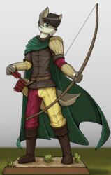  2020 absurd_res anthro archer arrow_(weapon) boots bottomwear bow_(weapon) canid canine canis cape clothing domestic_dog footwear fur green_cape green_clothing green_eyes henryk hi_res male mammal otakuap pants plantigrade quiver_(object) ranged_weapon solo weapon 