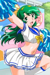  arm_up boots cheerleader crop_top female green_eyes green_hair hairband long_hair midriff miniskirt navel non-web_source official_art open_mouth photoshop_(medium) pleated_skirt pom_pom_(cheerleading) shoko_(super_real_mahjong) skirt solo super_real_mahjong tanaka_ryou 