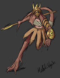  absurd_res aes_trucidator anthro armor bottomwear bronze_(metal) brown_body brown_scales buckler chest_wraps claws clothing feet female frill_(anatomy) gladiatrix headgear helmet hi_res horn leather leather_bottomwear leather_clothing leather_skirt lizardman melee_weapon membrane_(anatomy) membranous_frill metalslay3rs polearm scales scalie skirt solo trident weapon wraps 