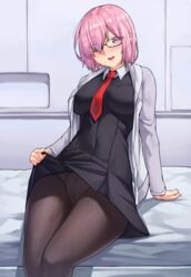  :d arm_support black_dress black_pantyhose blush breasts clothes_lift commentary_request dress dress_lift eyes_visible_through_hair fate/grand_order fate_(series) female glasses hair_over_one_eye large_breasts lifting_own_clothes long_sleeves looking_at_viewer mash_kyrielight necktie open_mouth panties panties_under_pantyhose pantyhose partial_commentary pink_hair purple_eyes red_necktie sarhce short_hair sitting smile solo teeth underwear upper_teeth_only 