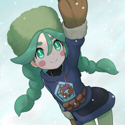  arm_up black_shirt black_skirt blue_jacket blue_pupils blush_stickers braid brown_mittens closed_mouth commentary_request female fur_hat green_eyes green_hat green_pantyhose hat highres jacket jewelry long_hair long_sleeves looking_up mittens necklace pantyhose pokemon pokemon_legends:_arceus sabi_(pokemon) shiroiurushi shirt skirt smile snowing solo twin_braids twintails 