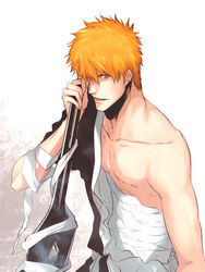  101sq 1boy black_kimono bleach brown_eyes collarbone hair_over_one_eye highres holding holding_sword holding_weapon japanese_clothes kimono kurosaki_ichigo looking_at_viewer male_focus midriff_sarashi off_shoulder open_mouth orange_hair sarashi short_hair simple_background smile solo sword weapon white_background 