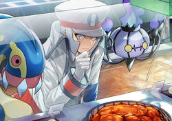  1boy chandelure coat commentary_request eelektross emmet_(pokemon) glass gloves grey_eyes grey_hair hand_up hat high_collar highres imomochi indoors long_sleeves male_focus mitsunari_miyako open_clothes open_coat pokemon pokemon_(creature) pokemon_bw short_hair sideburns signature thinking white_coat white_gloves white_headwear 