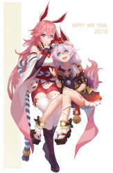  2girls :d absurdres animal_ears bare_shoulders bell black_footwear blue_eyes boots bracelet closed_mouth covering_own_mouth fox_ears fox_mask fox_tail full_body geta hair_between_eyes hair_ornament hair_ribbon hand_on_another&#039;s_head highres honkai_(series) honkai_impact_3rd japanese_clothes jewelry long_hair looking_at_another mask multiple_girls muttsuri_xiaomen oerba_yun_fang open_mouth pink_hair pink_skirt purple_eyes ribbon sandals side_ponytail skirt smile tail theresa_apocalypse theresa_apocalypse_(sakuno_rondo) thighhighs white_hair white_legwear yae_sakura yae_sakura_(gyakushinn_miko) 