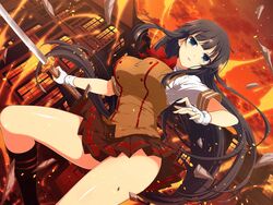  black_hair black_socks blue_eyes blunt_bangs bow bowtie breasts brown_skirt building buttons chouun_shiryuu chouun_shiryuu_(cosplay) commentary cosplay crossover debris double-breasted energy english_commentary evening female fingerless_gloves fire fuchi_(hilt) gloves holding holding_sword holding_weapon house ikaruga_(senran_kagura) ikkitousen ikkitousen_dragon_destiny impossible_clothes kneehighs large_breasts light_particles long_hair looking_at_viewer mansion miniskirt official_alternate_costume official_art ootachi orange_sky pleated_skirt red_bow red_bowtie school_uniform senran_kagura senran_kagura_new_link senran_kagura_shoujo-tachi_no_shin&#039;ei shiny_skin shirt skirt sky sleeve_cuffs socks solo sparkle sparks standing standing_on_one_leg sword thighs third-party_source tsuba_(guard) tsuka_(handle) very_long_hair weapon white_gloves window yaegashi_nan 