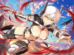  black_feathers black_garter_straps blue_sky breasts building city cityscape cleavage closed_mouth cloud cloudy_sky commentary cyborg day debris dusk energy english_commentary evening feathers female fire frown garter_straps gloves gradient_sky groin holding holding_sword holding_weapon katana large_breasts leg_armor linea_alba long_sleeves looking_at_viewer mechanical_parts miyabi_(senran_kagura) mountain navel official_alternate_costume official_art orange_sky outdoors post-apocalypse revealing_clothes ruins senran_kagura senran_kagura_new_link senran_kagura_shinovi_versus serious shiny_skin short_hair sky skyscraper slit_pupils solo sparks stomach sun sunset sword thighhighs thighs third-party_source tsuba_(guard) tsuka-ito tsuka_(handle) unsheathed weapon white_feathers white_gloves white_hair window yaegashi_nan yellow_eyes yellow_sky 