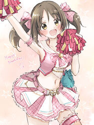  :d armband armpits asymmetrical_legwear baran._(ba_ra_ran) blush breasts cheerleader crop_top dated female frilled_skirt frills hair_ribbon happy_birthday highres holding holding_pom_poms idolmaster idolmaster_cinderella_girls imai_kana looking_at_viewer navel outstretched_arm patterned_background plaid plaid_skirt pom_pom_(cheerleading) ribbon shirt skirt sleeveless sleeveless_shirt smile solo star_(symbol) thigh_strap twintails 