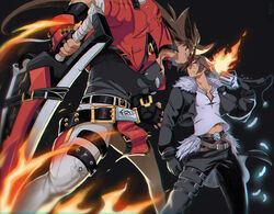  2boys bad_id bad_pixiv_id battle belt blue_eyes brown_hair confrontation crossover duel farronhart feet_out_of_frame final_fantasy final_fantasy_viii fingerless_gloves fireseal from_below gloves guilty_gear guilty_gear_strive gunblade headband highres holding holding_sword holding_weapon jacket jewelry long_hair male_focus midriff_peek multiple_boys muscular muscular_male necklace outrage_mk_ii over_shoulder pants pectorals ponytail scar shirt short_hair sleeveless_duster sol_badguy spiked_hair squall_leonhart sword sword_over_shoulder thick_thighs thighs tight_clothes tight_pants tight_shirt weapon weapon_over_shoulder white_pants yellow_eyes 