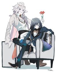  2boys bad_id bad_twitter_id black_hair blue_eyes blue_flower braid crossed_legs fate/grand_order fate_(series) flower gloves hair_between_eyes highres holding holding_flower jacket long_hair long_sleeves looking_at_viewer looking_to_the_side male_focus merlin_(fate) merlin_(overnight_dream)_(fate) multiple_boys oberon_(fate) oberon_(overnight_dream)_(fate) official_alternate_costume one_eye_closed petals red_flower shirt signature simple_background sitting smile sost_fgo sparkle spoilers teeth white_background white_shirt wreath 