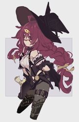  antenna_hair bag bare_shoulders black_gloves braid breasts cleavage closed_mouth dorothy_(sinoalice) female fingerless_gloves glasses gloves hair_ornament hairpin hat highres index_finger_raised leggings merry-san potion purple_eyes purple_hair scroll sinoalice twin_braids witch_hat 