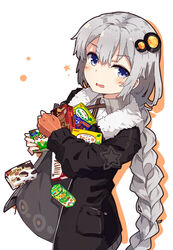  black_dress black_jacket blue_eyes blush braid brand_name_imitation brown_gloves choco_pie collared_shirt colored_shadow commentary cropped_torso dress drop_shadow female fingerless_gloves food fur-trimmed_jacket fur_trim gloves hair_between_eyes hair_ornament highres holding jacket kinoko_no_yama kizuna_akari koala_no_march long_hair looking_at_viewer low_twintails normaland open_clothes open_jacket parted_lips pocky shadow shirt solo star_(symbol) takenoko_no_sato twin_braids twintails upper_body v-shaped_eyebrows very_long_hair voiceroid white_background white_shirt 